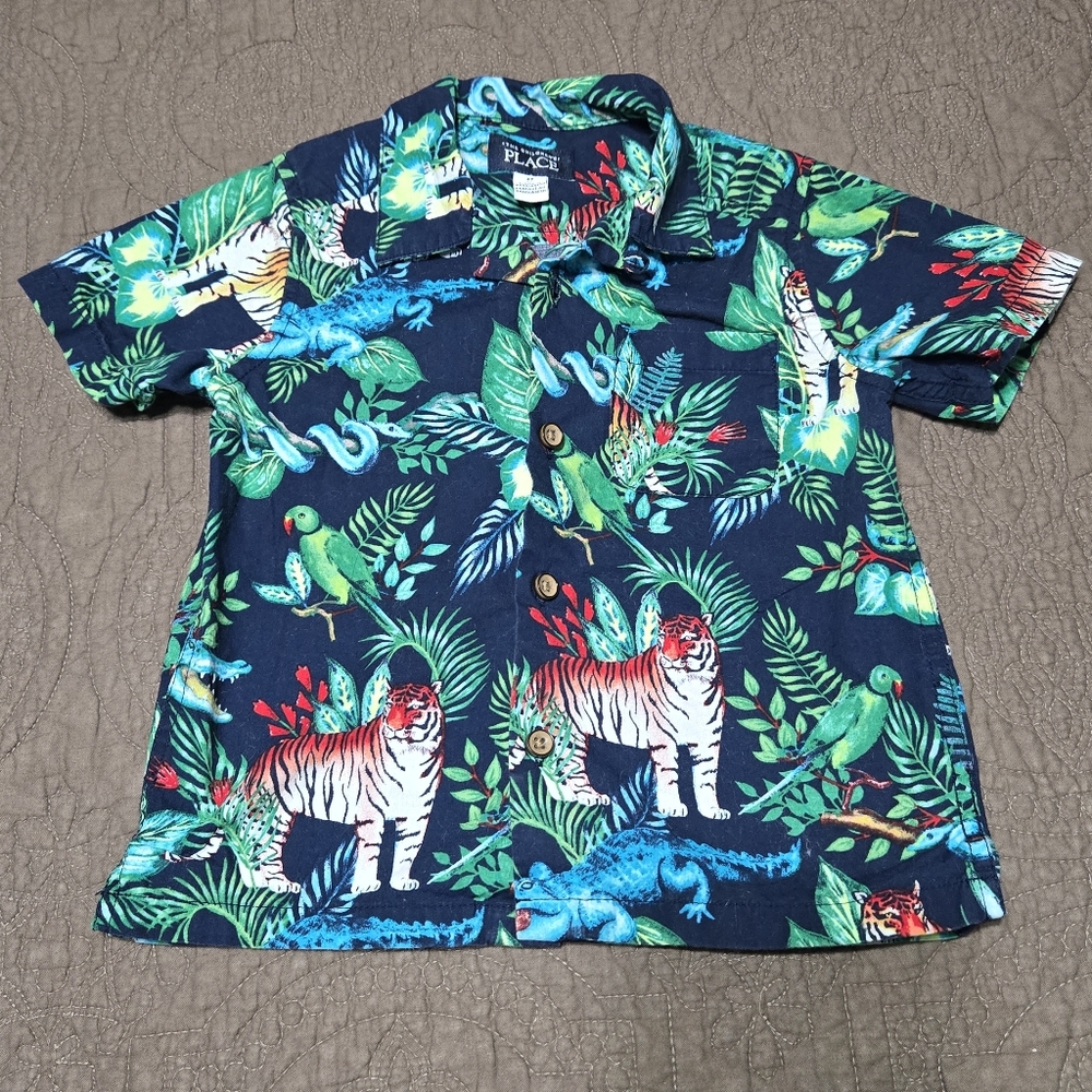 TCP toddler Hawaiian jungle animals button down shirt, tiger parrot crocodile 3T